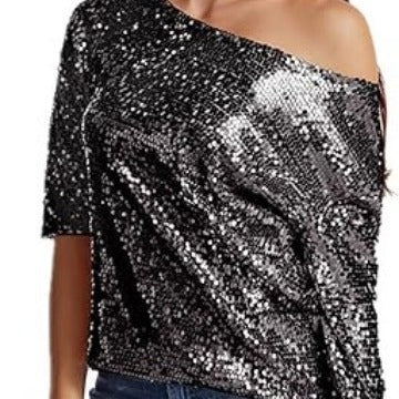 XAKXX 2025 new new loose sequin slanted shoulder short sleeve casual sequin deep V shirt