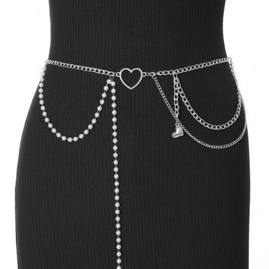 3606 New new hot-selling cute peach heart metal chain pearl chain alternate personalized waist chain fashionable versatile waist chain