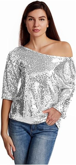 XAKXX 2025 new new loose sequin slanted shoulder short sleeve casual sequin deep V shirt