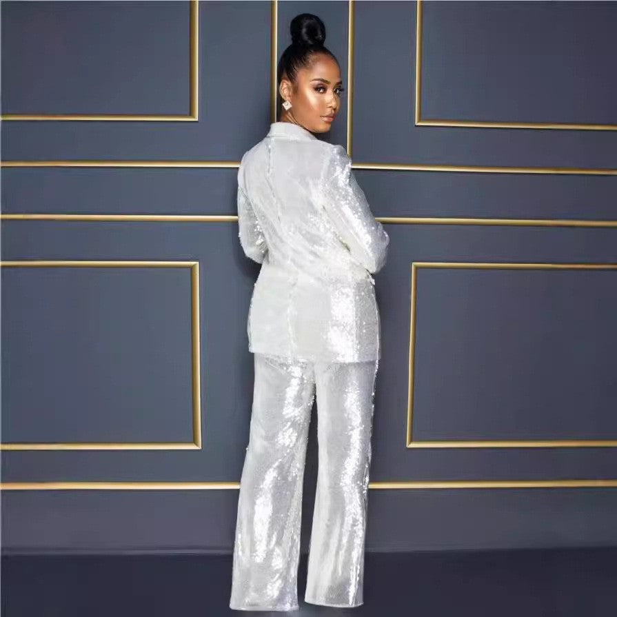 2025 summer New jumpsuit 2025 new women's long-sleeved V-neck sequined jumpsuit two-piece set