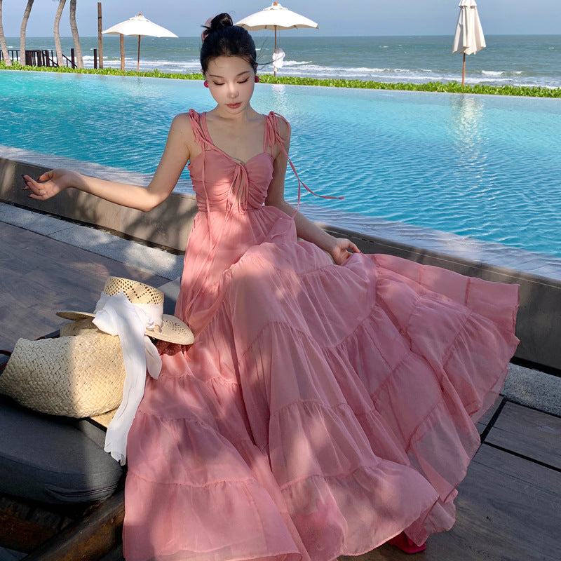 2025 Beautiful super fairy seaside vacation dress pink atmosphere tube top suspender beach swing dress niche fairy dress