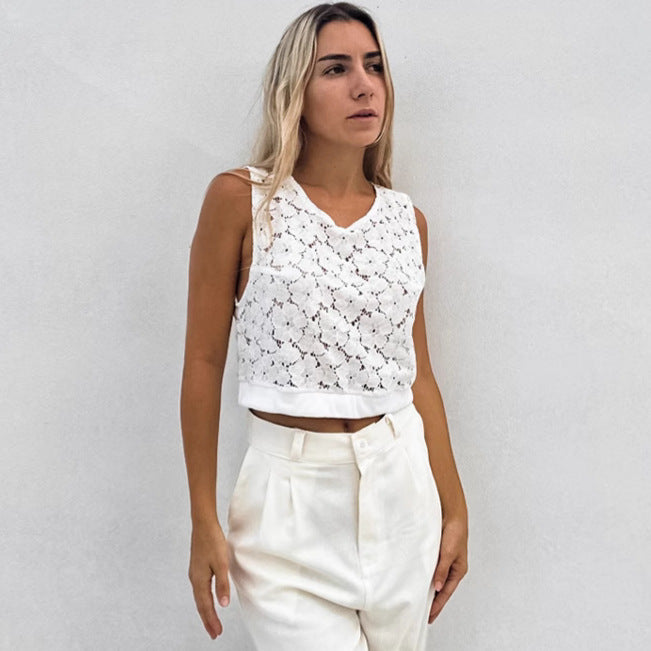 XAKXX 2025 new lace hollow jacquard short vest 2025 spring and summer simple leisure commuting versatile cross-border