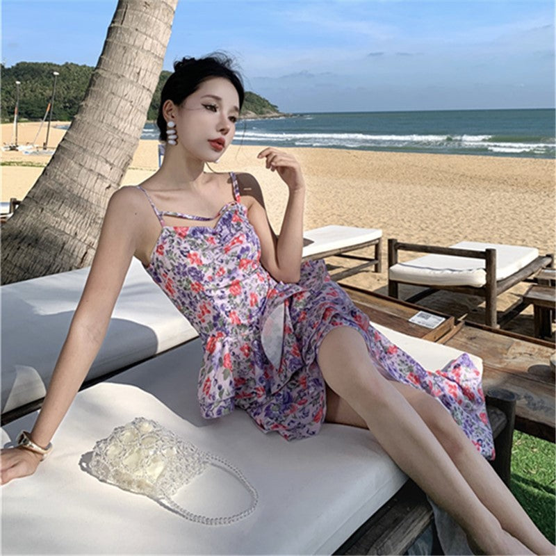 2025 sweet design irregular floral suspender skirt women's summer new temperament ruffle edge seaside dress