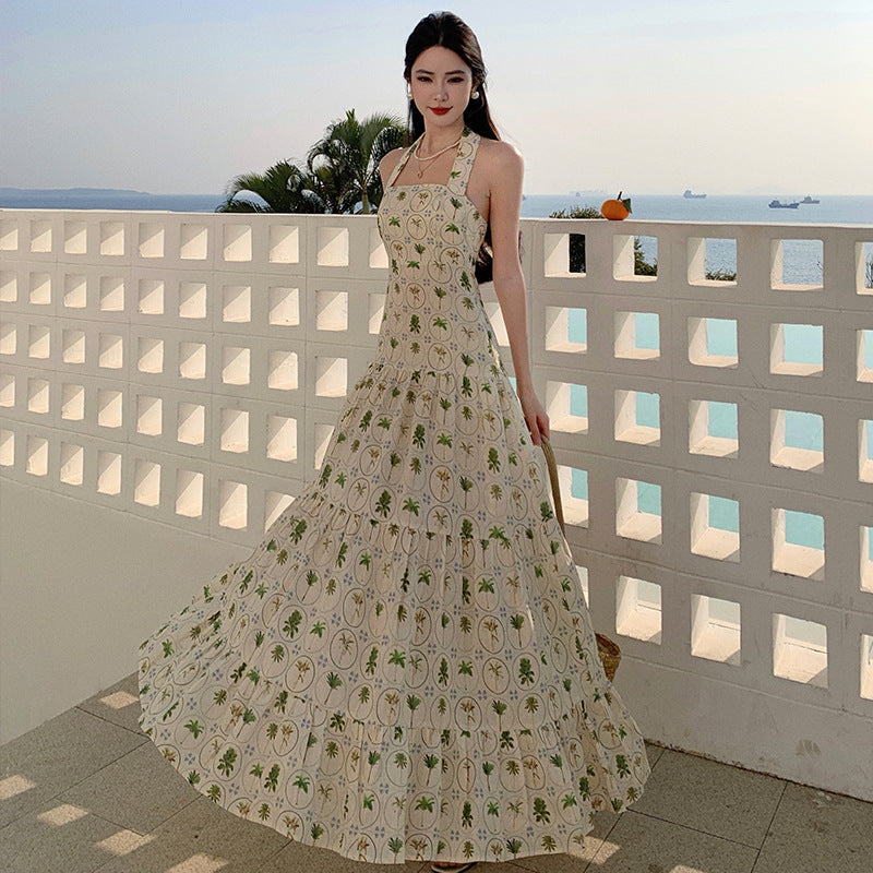 2025 Mori sweet temperament printed sleeveless neck dress women's beautiful holiday style backless floral long dress summer