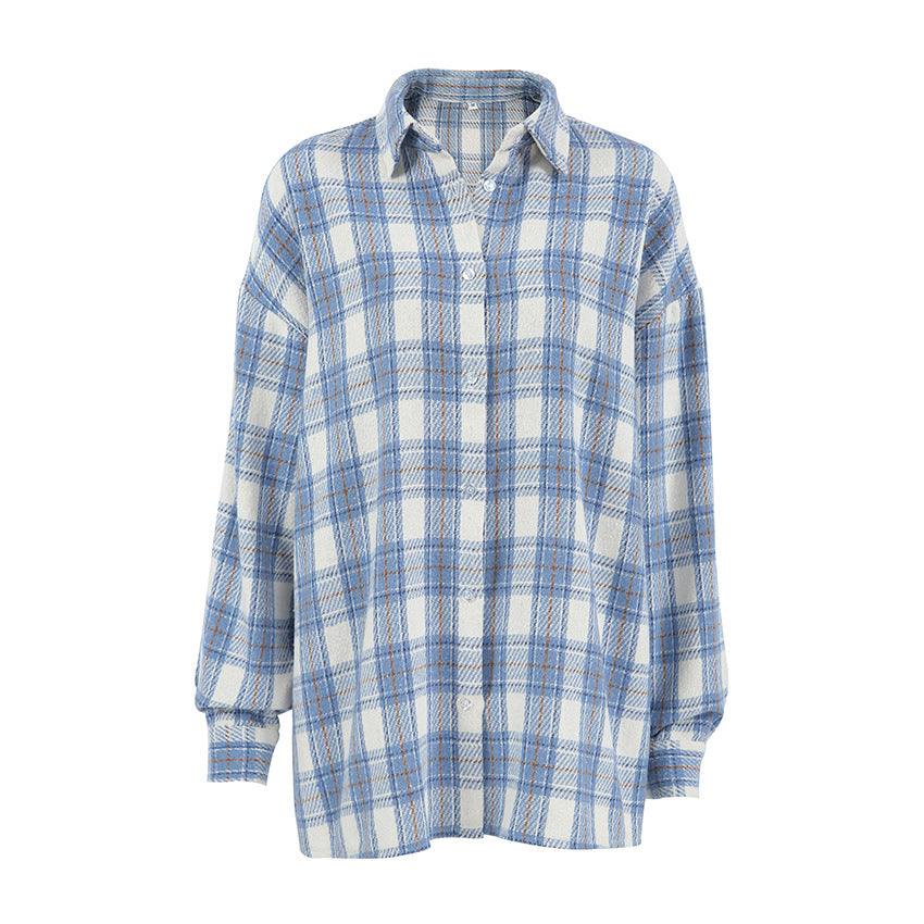 XAKXX Beach casual blue fashion temperament polyester cotton plaid shirt autumn and winter 2025 commuting loose versatile women's clothing