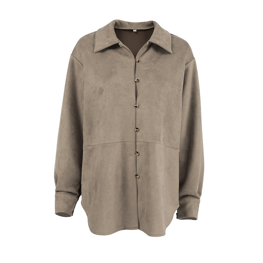 XAKXX 2025 spring and summer retro style khaki knitted suede loose lapel shirt sleeves 2025 niche versatile shirt women