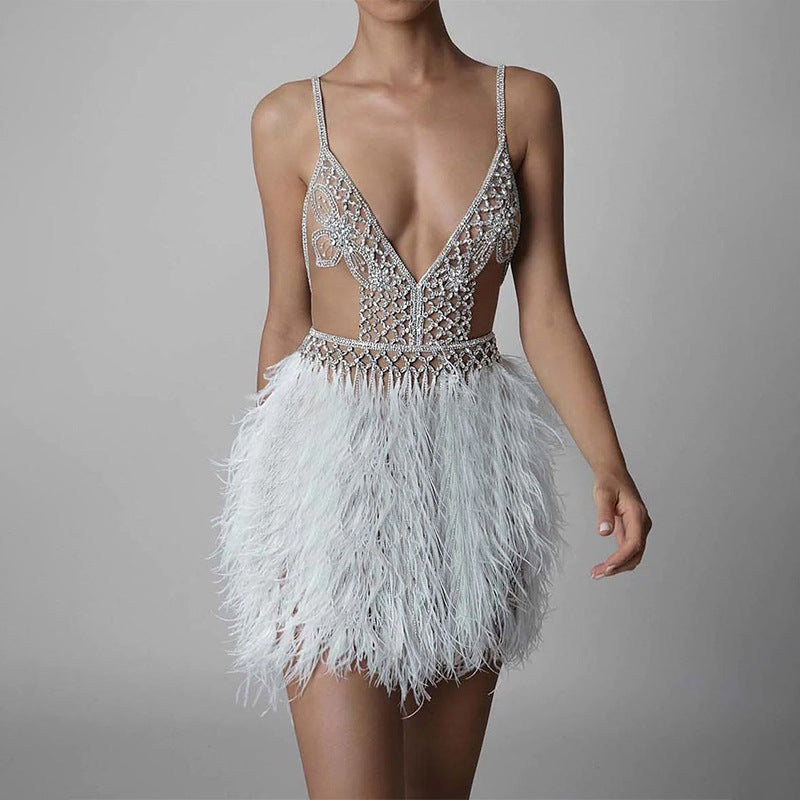 INS autumn and winter new 2025 Popular trade suspender V-neck feather dress sexy women's banquet evening dress