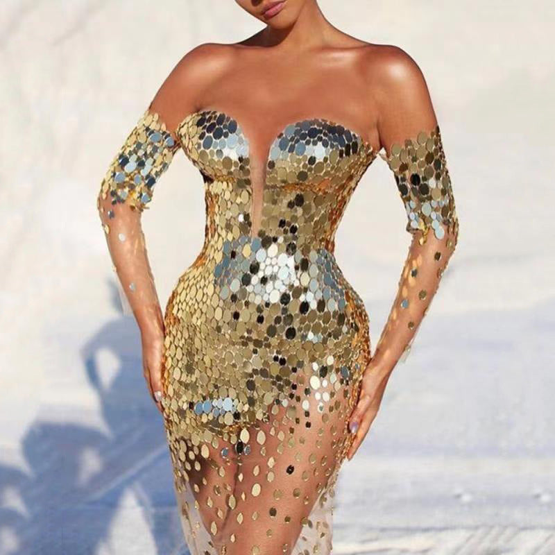 2025 summer new New 2025 women's dress sequined shoulder sexy mesh perspective long evening dress