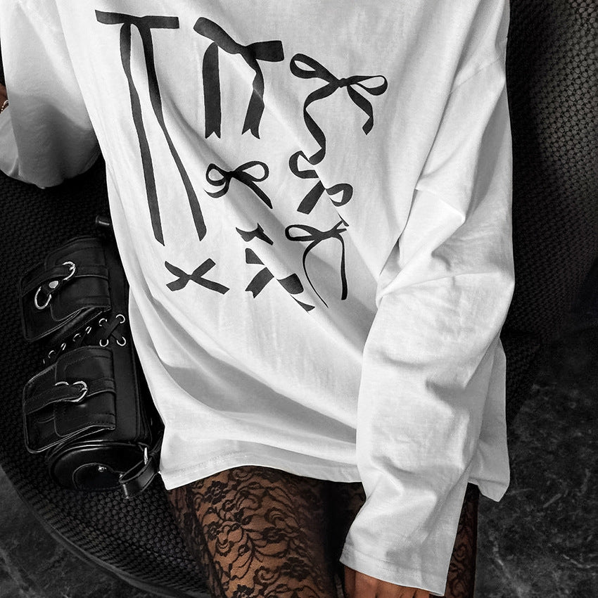XAKXX 2025Crew neck loose pullover bow graffiti printing casual T-shirt popular 2025 autumn and winter fashion new inner women