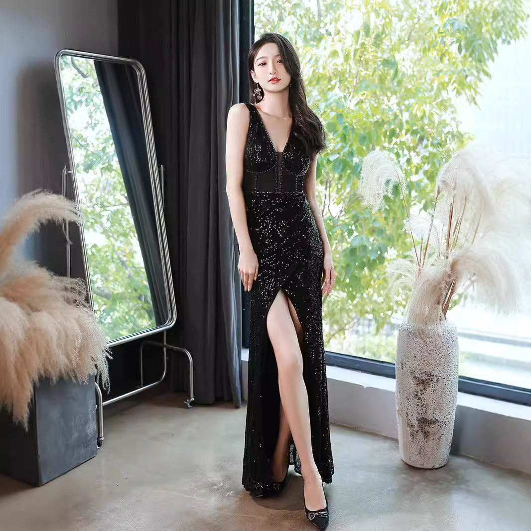 Black sequined dress style light luxury niche suspender V-neck banquet host split skirt