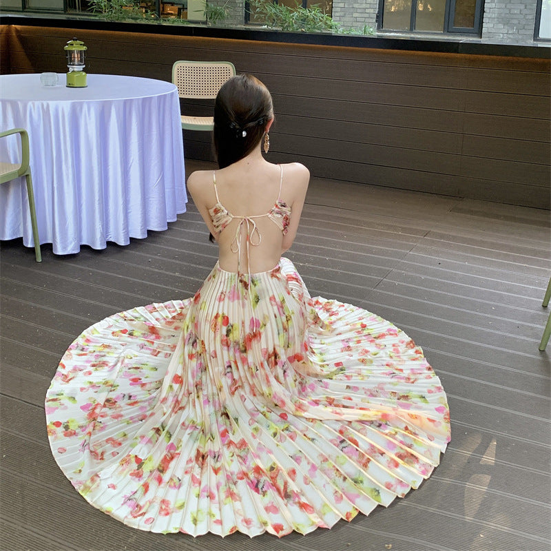 2025 Seaside vacation style temperament super beautiful floral tube top neck dress backless waist pleated long dress