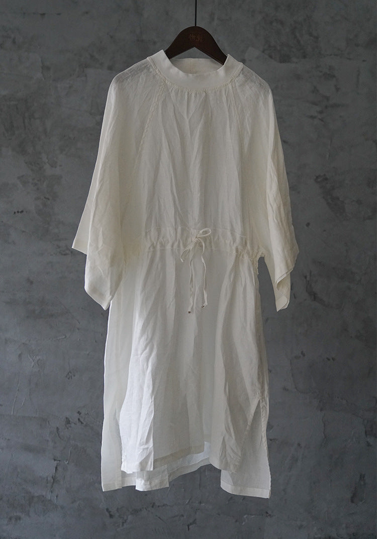 casual literary linen loose drawstring dress, light sports zen wide-sleeved linen robe L21072