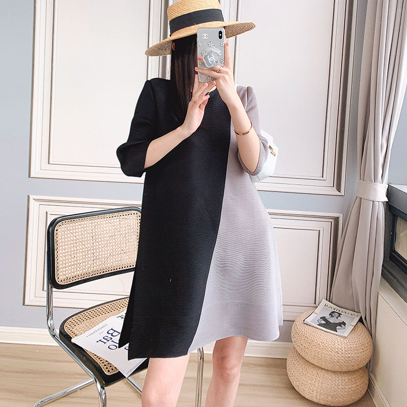 2025 women's clothing medium and long dress splicing temperament commuting loose contrasting color dress fat mm stomach A-word skirt Popular style