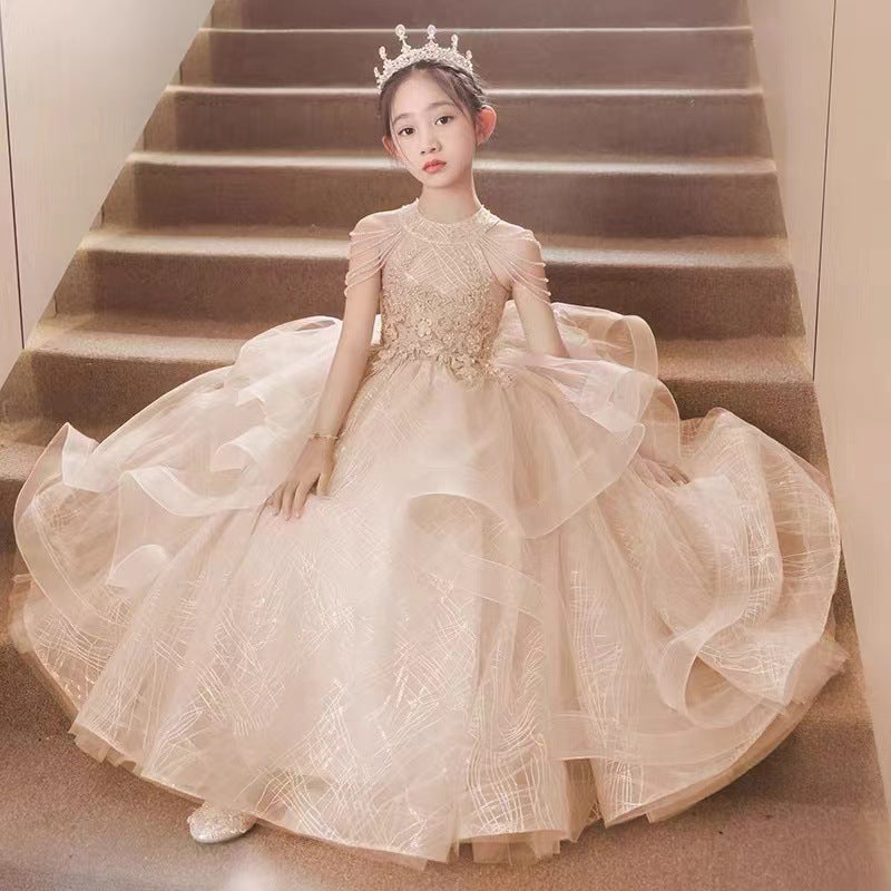 Children's Dress Girls Birthday Princess Dress Dresses of Bride Fellow Kids Light Luxury Minority Children Host Piano Performance Pink