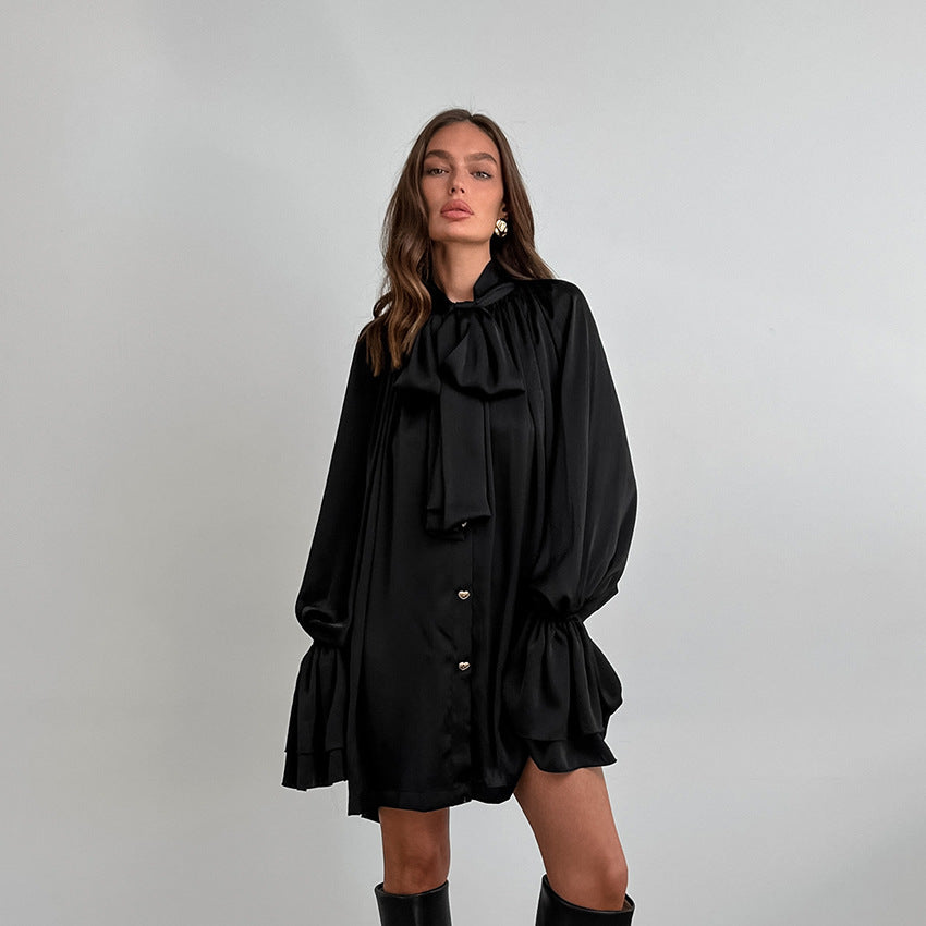 XAKXX Autumn and winter casual temperament thick matte satin versatile loose streamer collar horn sleeve lace-up women's dress white