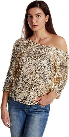XAKXX 2025 new new loose sequin slanted shoulder short sleeve casual sequin deep V shirt