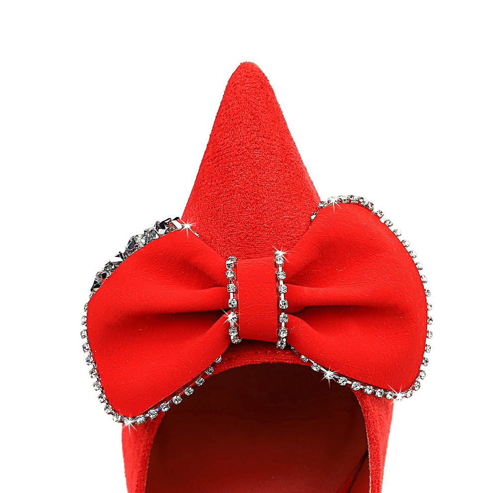 2025 516-H31 Korean version of fashion banquet high heels stiletto women's shoes suede shallow mouth pointed rhinestone bow single shoes