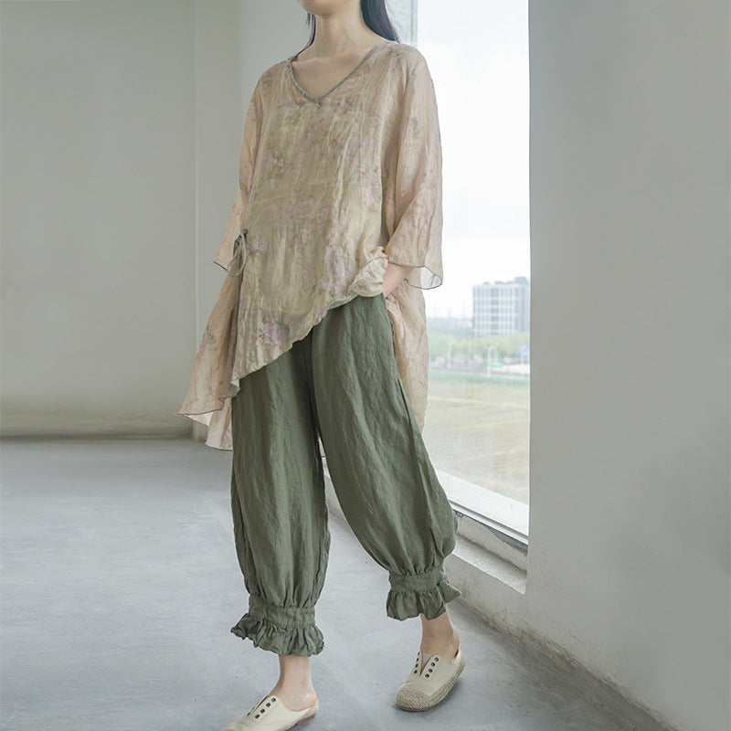 casual and literary leggings linen pants, washed and old versatile loose bud pants nine-point pants K22157