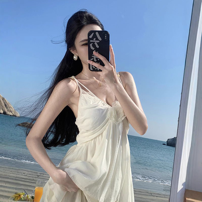 2025 Dopamine beautiful small skirt summer seaside ruffle edge suspender dress island vacation skirt atmosphere beach skirt