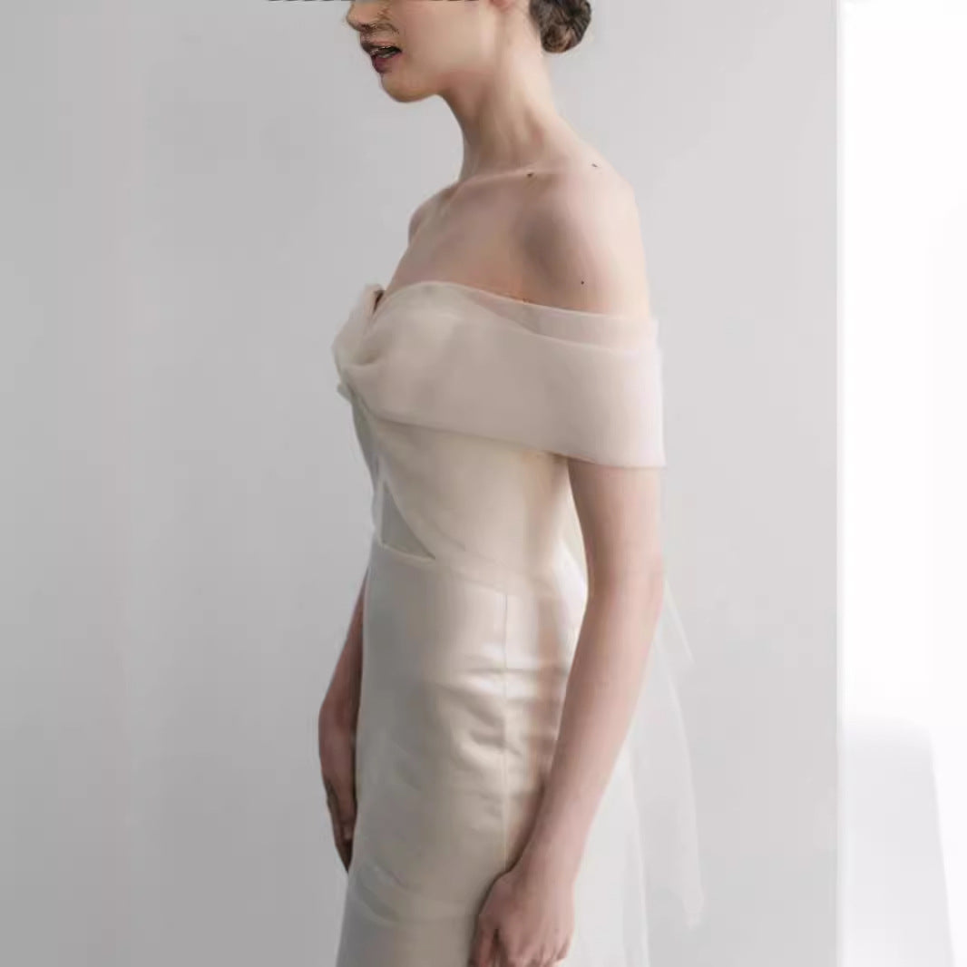 2025 one-word shoulder long-sleeved light wedding dress high-end pleated design bridal morning shot engagement dress slim fishtail dress