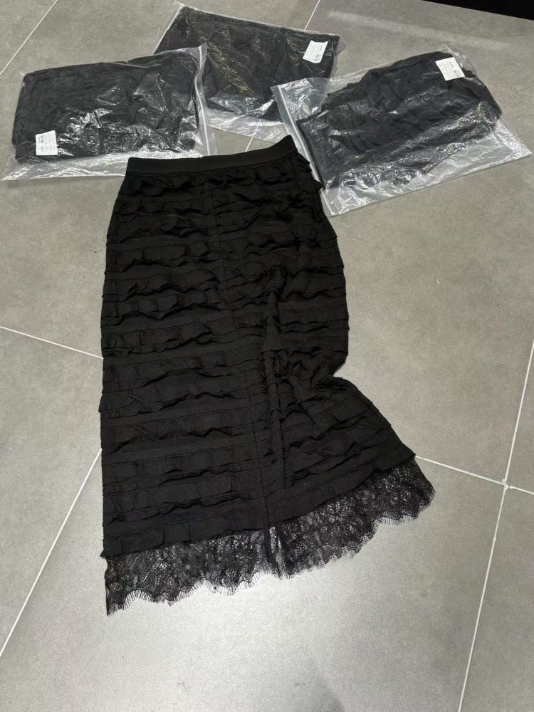 2025 Spring , fashionable pleated hem lace stitching slim versatile skirt