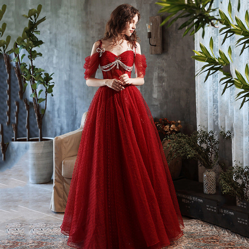 Burgundy host heavy industry light luxury toasting clothes nail beads annual meeting one-word shoulder model catwalk starry sky adult dress