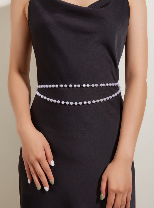 2957 2025 New hot-selling pearl chain waist chain double-layer waist chain exquisite trend side pendulum chain waist jewelry body chain