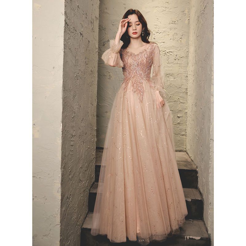 Fairy Dress 2025 New Spring Host Dignified Atmospheric Dress Long Sleeve V-Neck Banquet Evening Dress