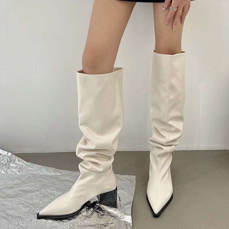 2025 Large tube pleated stacking boots women's popular new boots autumn and winter women's boots pointed boots thick heel boots