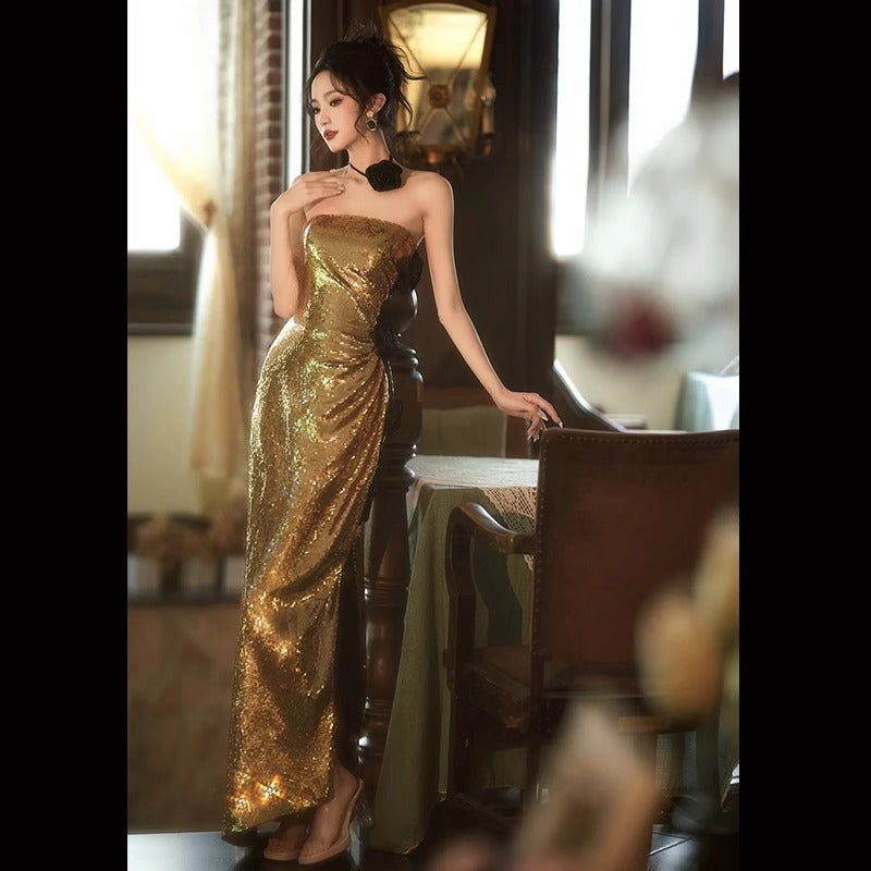 2025 tube top evening dress skirt popular new bridal wedding gold sequined fishtail toast dress banquet host