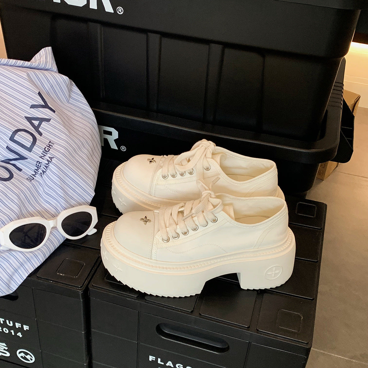 2025 Sheepskin version~ Grape mother, the same style, large round head 8cm genuine leather thick-soled heightening lace-up, small white shoes, casual canvas shoes for women
