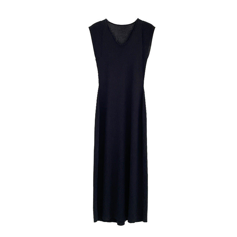 2025 ES MODISH Spring New Product Big Brand Feeling Inner U-Neck Sleeveless Solid Color Dress Tencel Waist Long Dress