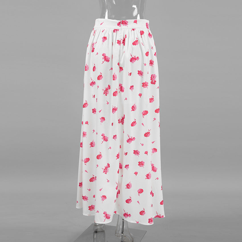 XAKXX Spring and summer fashionable and sexy design sense pink print split fork high waist commuter half-body Russian commuter women's dress