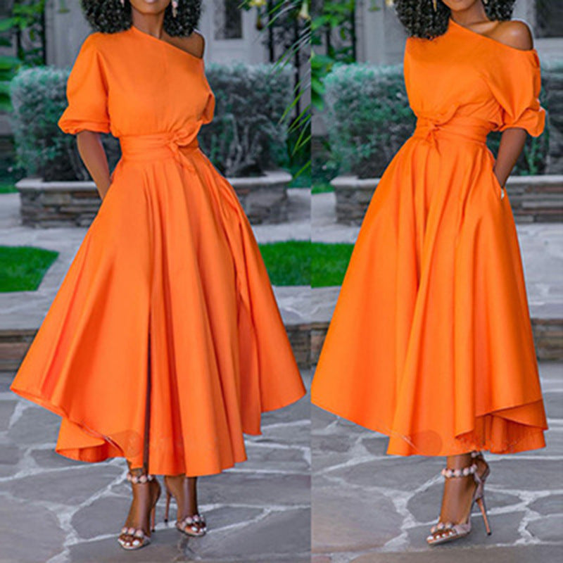 2025 New summer new Popular trade 2025 women's clothing single shoulder lace waist medium and long dress medium skirt