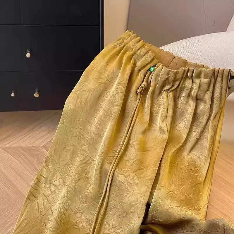 2025 New Chinese retro jacquard imitation acetic acid satin straight casual pants women's spring popular national style high waist drape wide leg pants
