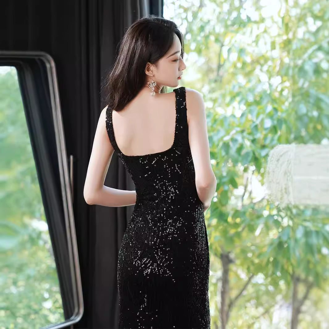 Black sequined dress style light luxury niche suspender V-neck banquet host split skirt