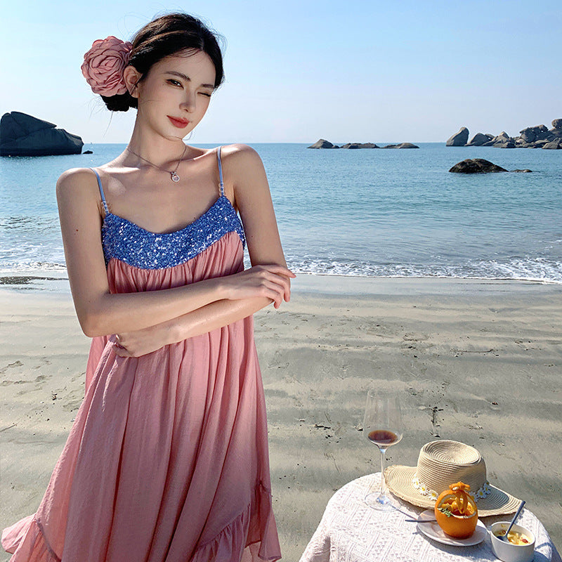 2025 Summer super fairy pink color matching seaside vacation dress niche design party birthday party toasting clothes