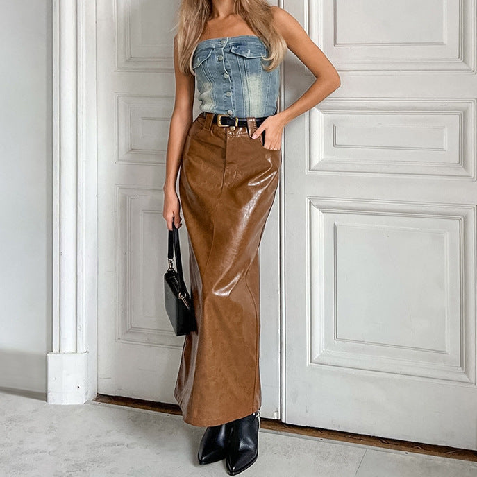 XAKXX 2025Autumn and winter new retro brown high-waisted skirt temperament hip-wrapped pu leather skirt women's popular fashion versatile 2025