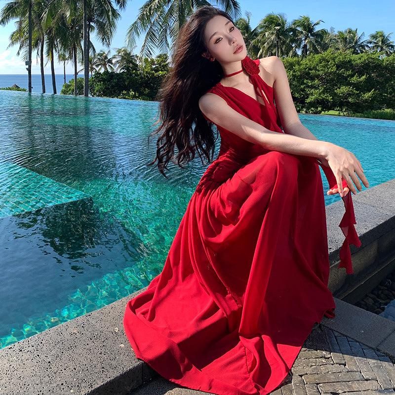 2025 Pure lust wind thin slanted shoulder red dress women's summer high waist sleeveless long dress high temperament vacation dating dress
