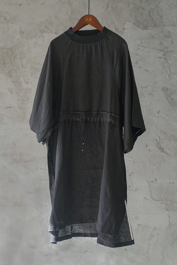 casual literary linen loose drawstring dress, light sports zen wide-sleeved linen robe L21072