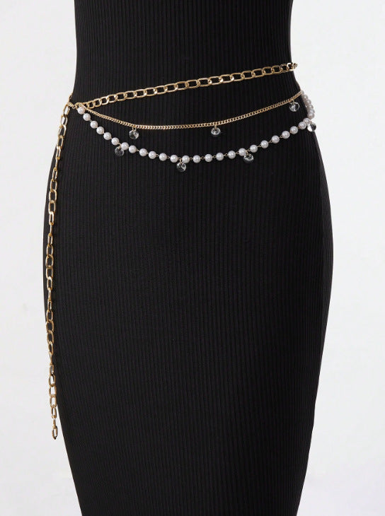 FB3383 2025 waist chain transparent edge hole bead pendant pearl chain metal chain fringed combination waist chain