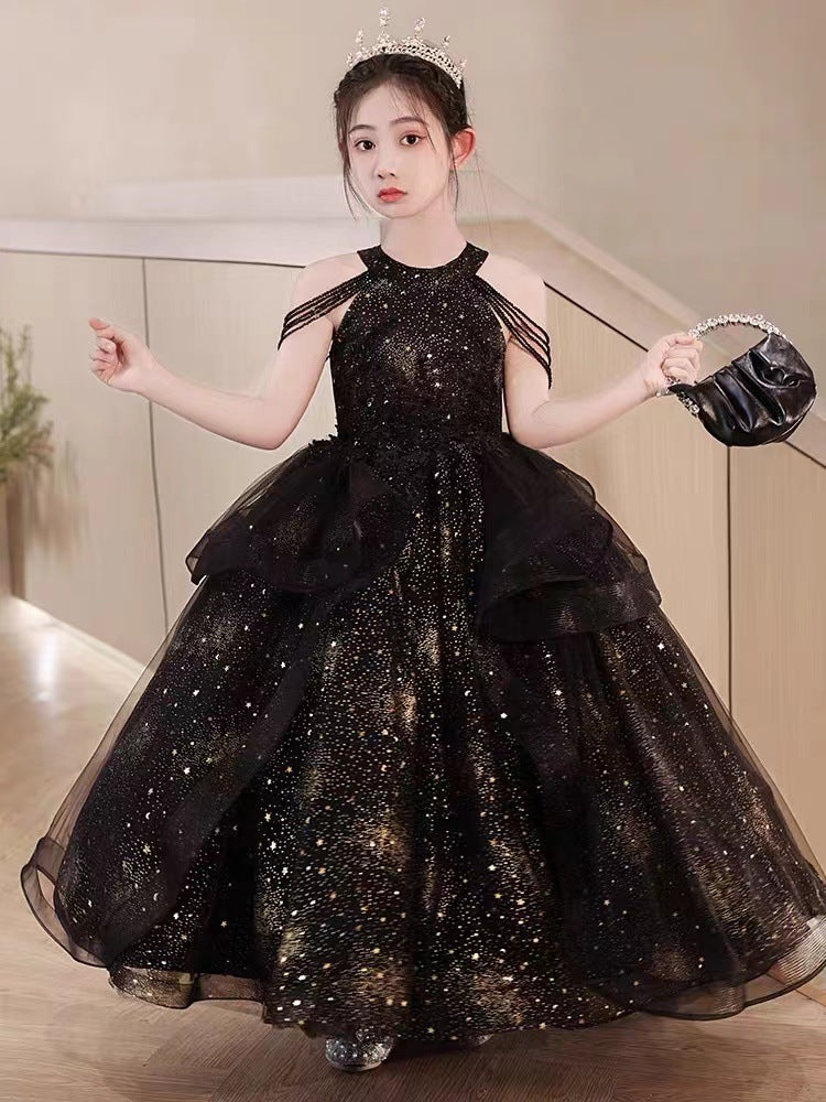 Children's Dress Girls Birthday Princess Dress Dresses of Bride Fellow Kids Light Luxury Minority Children Host Piano Performance Pink
