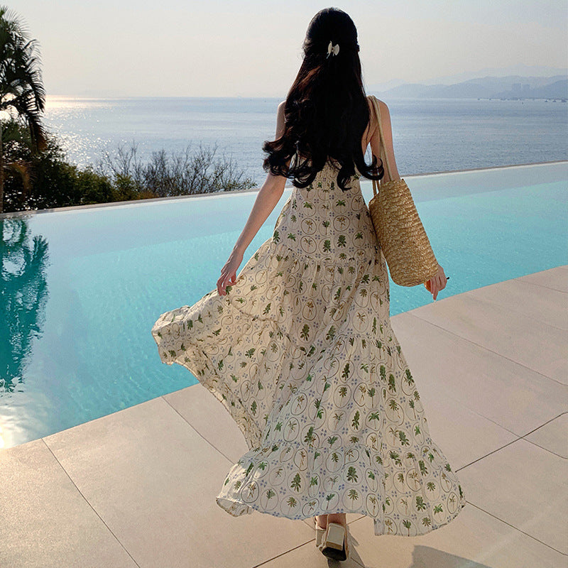2025 Mori sweet temperament printed sleeveless neck dress women's beautiful holiday style backless floral long dress summer