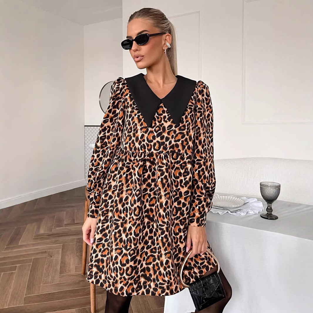 XAKXX 2025 spring new leopard print lapel splicing dress 2025 fashion cross-border wholesale loose short skirt women