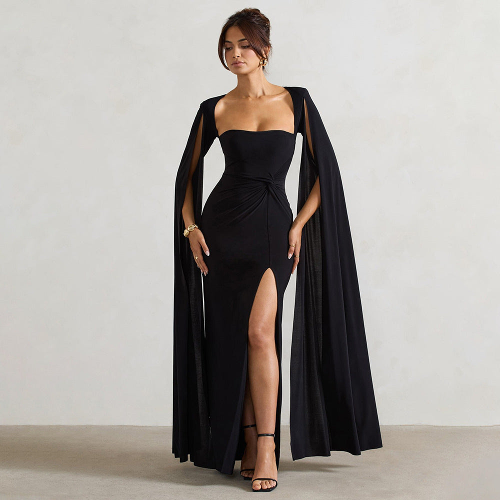 2025 New popular new dress square collar mopping floor long sleeve high split end solid color sexy dress