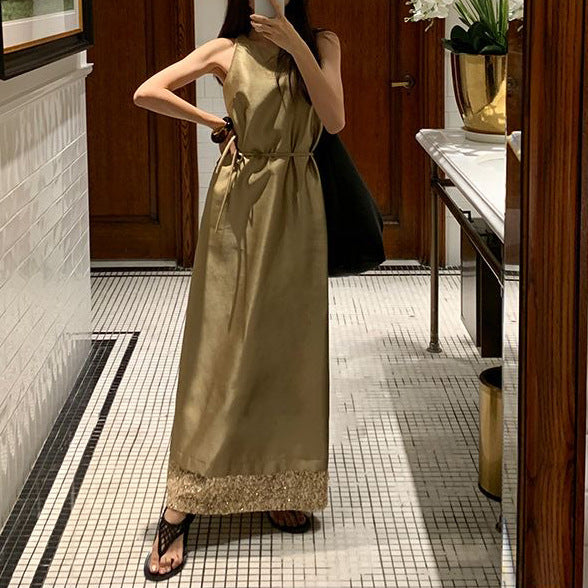 2025 satin neck-hanging thin dress women's clothing summer new high-end loose contrasting color dress