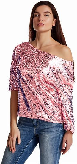 XAKXX 2025 new new loose sequin slanted shoulder short sleeve casual sequin deep V shirt