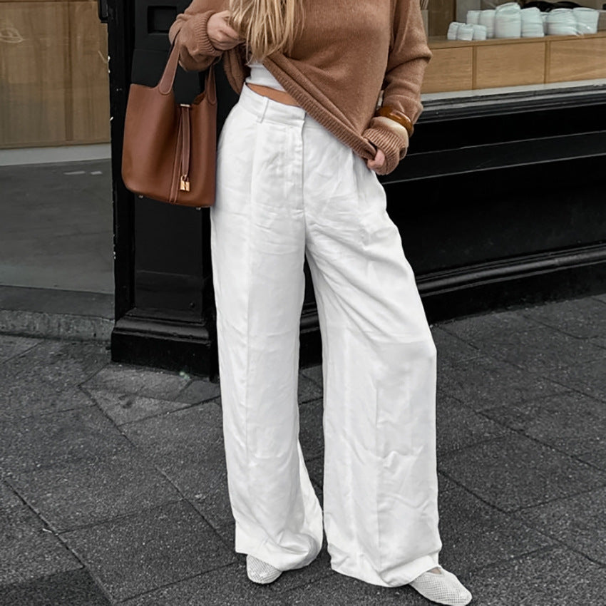 XAKXX Spring and summer commuting lazy cotton and linen niche white fashion high waist wide pants 2025 loose pocket casual pants women's clothing