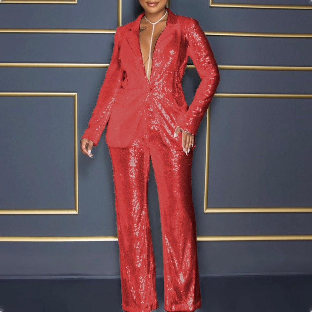 2025 summer New jumpsuit 2025 new women's long-sleeved V-neck sequined jumpsuit two-piece set