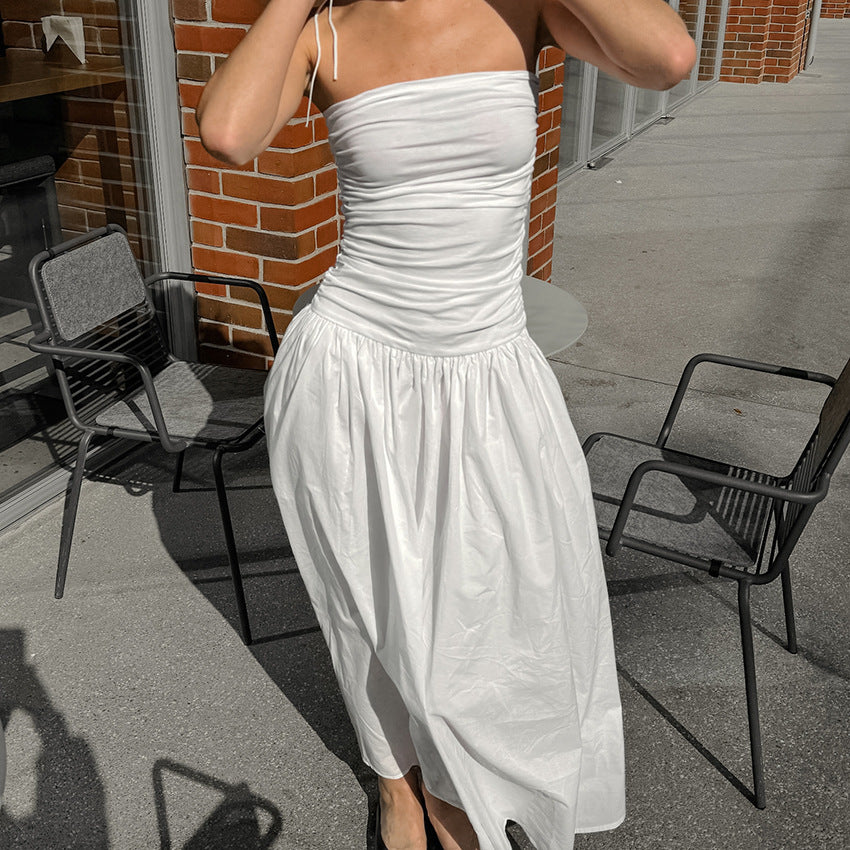 XAKXX 2025Autumn white temperament off-the-shoulder suspender slim tube top low-rise slim dress 2025 fashion flower dress
